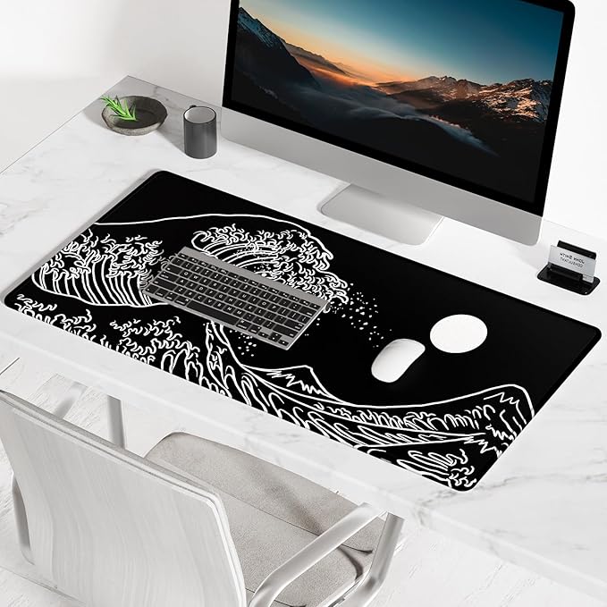 BOSOBO Large Desk Pad, XXL Extended Gaming Mouse Pad & Keyboard Mat, Desktop Full Cover 31.5 x 11.8 Inches, Art Japan Kanagawa Wave Black