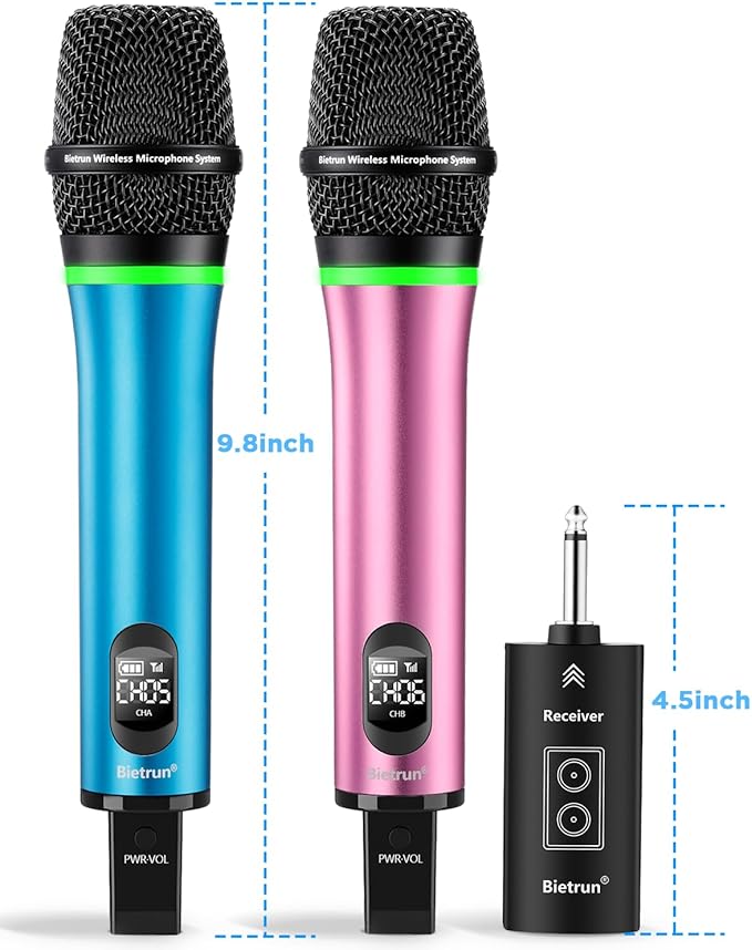 Bietrun Rechargeable Wireless Microphone, Dual Metal Cordless Handheld Dynamic Wireless Mics with Bluetooth, UHF 240FT Range, for 1/4'',1/8''Output,PA System,Dj,Mixer,Church(Blue&Pink)