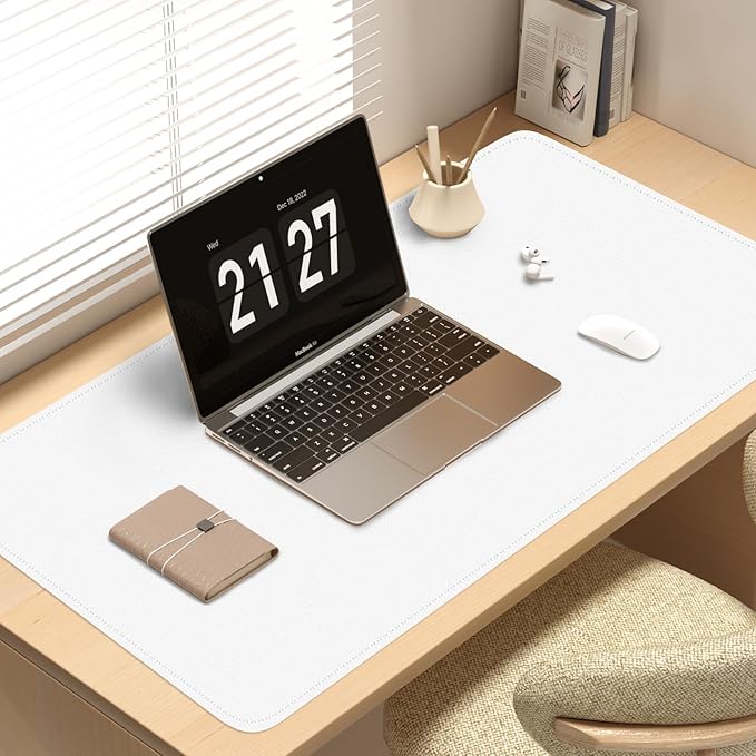 Bleswin Multifunctional Large Desk Mat, Double Sided Computer Desk pad, Extended Mouse Mat, Office Desk Protector with Waterproof PU Leather, 35.4''×16.9'', Office Home Writing Pad (White+Slivery)