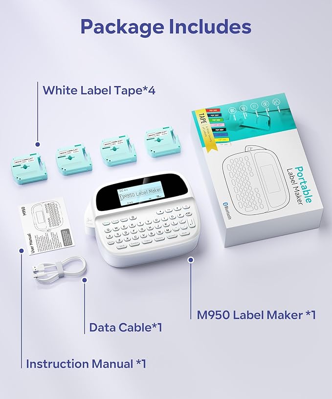 Label Maker Machine with 4 Tapes, Rechargeable Backlit Labeler for 12mm 0.47 White Waterproof-Labels, Bluetooth Label Printer Replacement for Brother Ptouch Label Maker Machine, for Office Home School