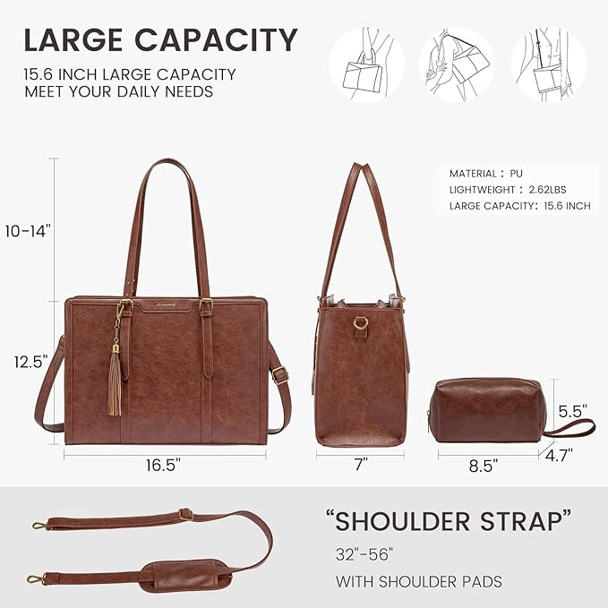 LOVEVOOK Laptop Tote Bag for Women,15.6 Inch Vintage Work Bag with Clutch,Large Leather Laptop Purse with Cup Holder for Teacher,Office
