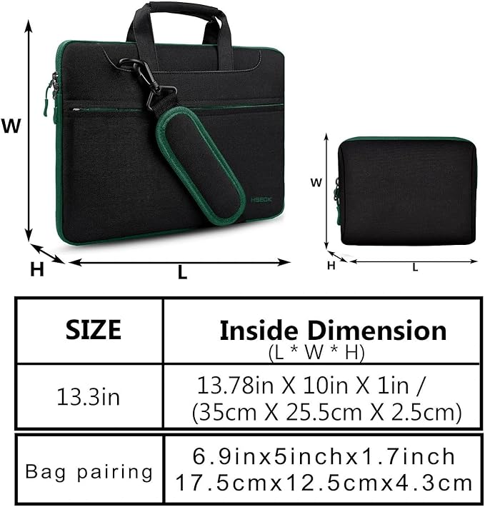 Hseok Laptop Shoulder Bag 13-14 inch Shockproof Water-Resistant HandBag with Small Case Compatible with MacBook Pro/Neo 14" M5/M4/M3/M2/M1, Mac Air/Pro 13.3", XPS 13/14, Most 13"-14" PC,Black-green