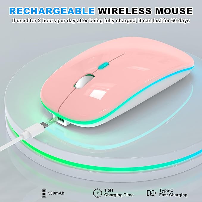 LED Wireless Laptop Mouse, Bluetooth Wireless Mouse for MacBook Air Pro Mac iPad PC, Rechargeable 2 Mode (BT 5.2 + 2.4G USB A/USB C Receiver) Slim Portable Computer Mice with Jiggler Mode - Pink