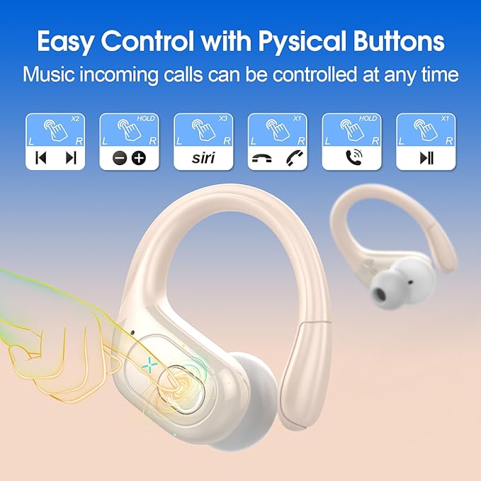 Wireless Earbuds 75hrs Bluetooth 5.4 Headphone Sport, 2026 Bluetooth Earbuds Stereo Deep Bass Over Ear Bud with Earhooks, ENC Noise Cancelling Mic, IPX7 Waterproof Earphone for Gym/Workout, Camel