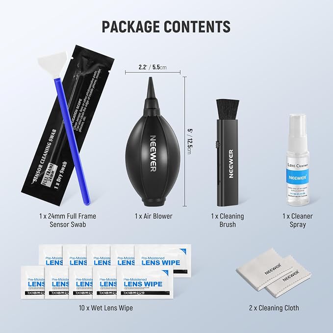 NEEWER 16 in 1 Camera Lens Cleaning Kit, 1x Brush + 1x Air Blower + 1x Cleaning Swab for 24mm Full Frame Sensor + 1x Cleaner Spray + 2X Cloth + 10x Wet Lens Wipe, HM-44 - Image 8
