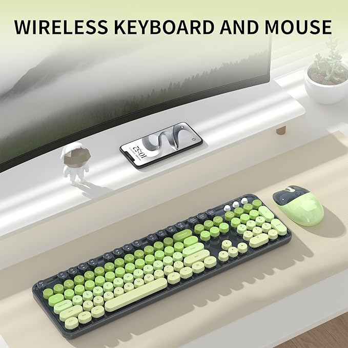 Wireless Keyboard and Mouse, MOFII 104 Round Keycaps Retro Typewriter with OTG & Brush, Full-Size Ergonomic, Ideal for Windows PC, Home, Office and College Gray Green