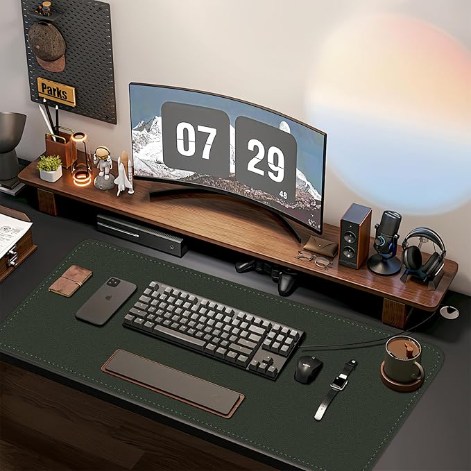 Dual-Sided Desk Mat, Large Pad, Waterproof Smooth PU Leather Blotter Protector, Mouse Pad, Desk Organizers, Office/Home Table Decor for Reading and Writing (Dark Green+Black, 47.2''23.6'')