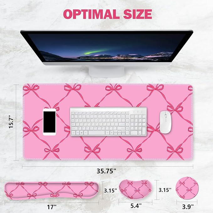 ToLuLu Large Mouse Pad Desk Pad Set, Wrist Rest Support Desk Mat for Keyboard Mouse, 4PCS 35.4”x15.7 XXL Giant Mouse Pad, Non-Slip Base Stitched Edges Mousepad Office Desk Decor, Hot Pink Bow