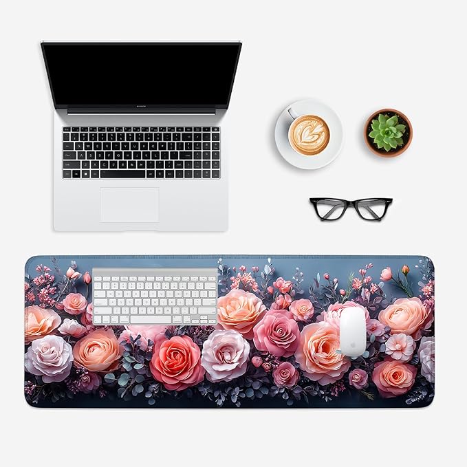 Mouse Pad, Large Anti-Slip with Stitched Edges Desk Mat Desktop Laptop Computer Desk Keyboard Mat,Table Protector Blotter Mat (Pink Flower, 31.5" x 11.8")