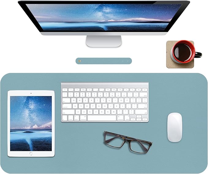 Boutilon Leather Desk Pad 30" x14",Non-Slip Mouse Pad,Office Desk Mat,Waterprooft PU Leather Desk Blotter,Desk Pad Protector,Desk Writing Pad for Home Office Decor (M-Light Blue)