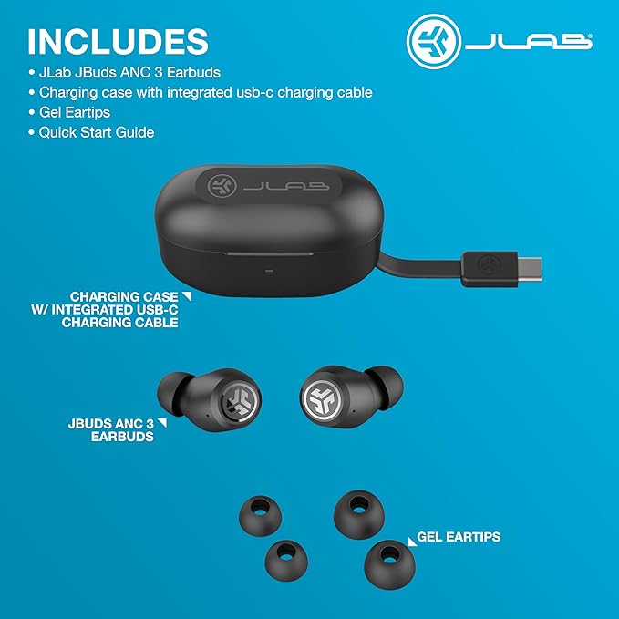 JLab JBuds ANC 3 True Wireless Earbuds with Charging Case, 42 Hours of Total Playtime, 9 Hours Per Charge, Smart Active Noise Canceling, Custom Sound Via App, Multipoint Connect, Google Fast Pair