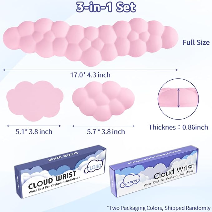 Sushret Cloud Wrist Rest for Keyboard and Mouse, Memory Foam PU Leather Keyboard Wrist Rest with Ergonomic Support, Non-Slip Base, Cute Arm Rest Pad & Palm Cushion, Office Desk Accessory, Pink