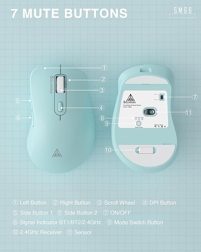 SOLAKAKA SM66 Green Silent Dual Mode Wireless Mouse for Laptop, Adjustable 4800 DPI,Rechargeable Computer Mouse for Bluetooth and Wireless Connection