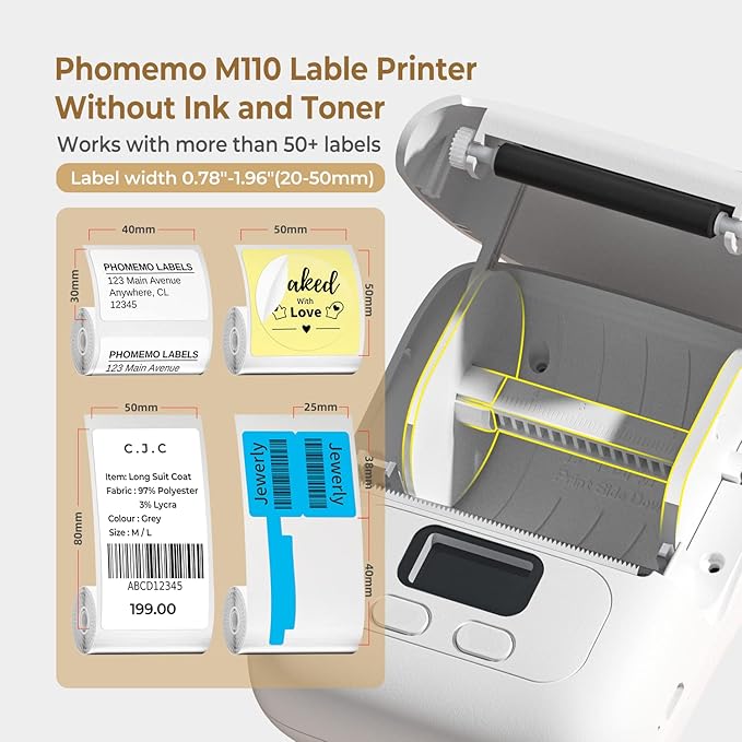 Memoqueen M110 Label Makers - Portable Bluetooth Thermal Label Maker Machine,Label Printer for Name, Barcode, Clothing, Jewelry, Retail, Mailing, for Android & iOS, with 1Pack 40×30mm Label, White
