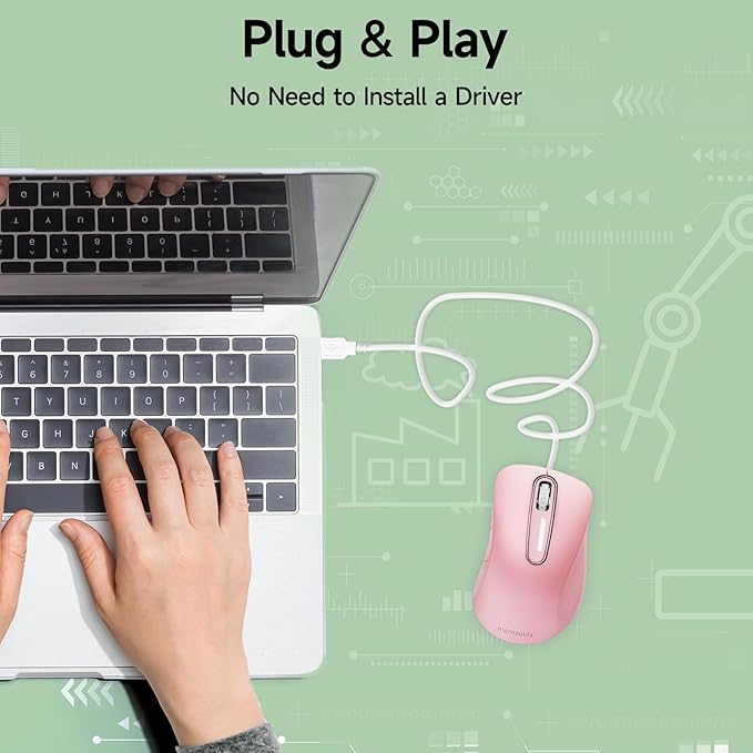 memzuoix Wired Mouse, USB Computer Mouse 1400 DPI Mobile Optical Mouse Ergonomic Design Computer Mice with 5FT Cord for Laptop, PC, Desktop, MacBook, 5 Buttons (Pink)