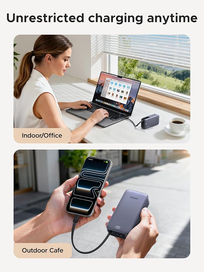 UGREEN 3-in-1 10000mAh 45W Power Bank with Integrated USB-C Cable, Foldable 65W Type-C Charger, Portable USBC Battery Pack and A Fast Charger, Compatible with iPhone 17/16, Galaxy S26/S25