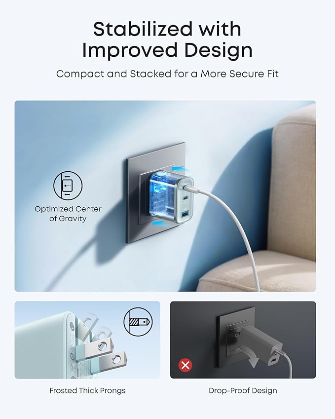 Anker Nano Charger, Ultra-Fast 70W Output 3-Port USB C Charger Block, Fast Charging, Compact and Stylish, for iPhone 17/16 Series, MacBook, iPad, Pixel, Galaxy, and More(Blue, Cable Included)