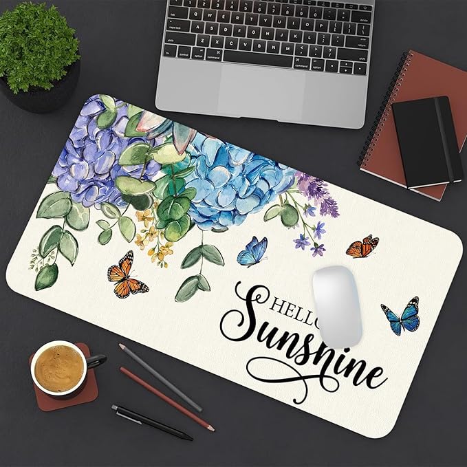 Large Mouse Pad, Hello Sunshine Floral Desk Mat for Desktop, Women Girls Flowers PU Leather Waterproof Desk Pad, Computer PC Laptop Protector Gaming Mouse Pads for School Office Home (27.5" x 13.8")