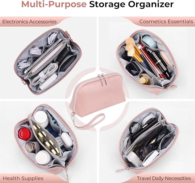 FYY Travel Cable Organizer - 8 Compartments Lightweight Water Resistant Tech Pouch with Wrist Strap, Portable Electronic Accessories Case for Cord Charger Storage for Travel Home Office, Pink (Small)