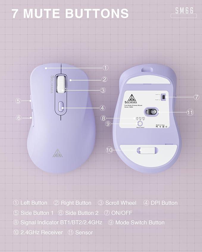 SOLAKAKA SM66 Purple Silent Dual Mode Wireless Mouse for Laptop, Adjustable 4800 DPI,Rechargeable Computer Mouse for Bluetooth and Wireless Connection