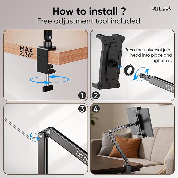 Urmust Portable Monitor Stand 15.6", iPad Stand for Desk, Portable Monitor Holder up to 18.5", Adjustable Desktop Tablet Arm Mount, Apple iPad Holder for Desk, for 4.7"-12.9" iPad Pro/Air/Mini