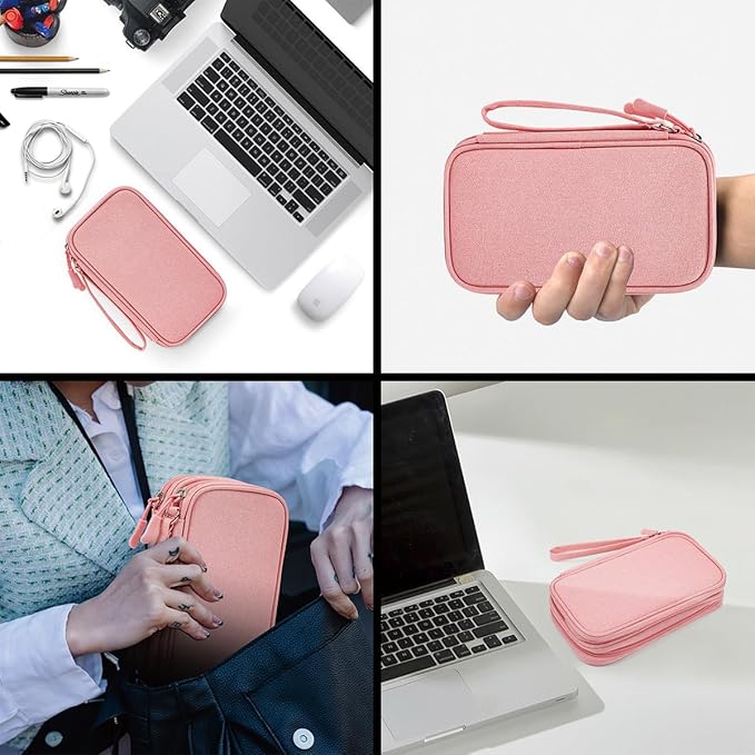 Electronic Cable Organizer Bag, Travel Electronic Accessories Carry Case Portable Waterproof Double Layers Storage Bag for Cable, Cord, Charger, Power Bank, Earphone (Light Pink, Medium)