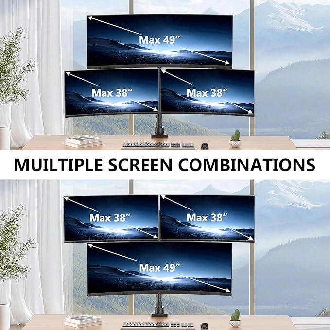 WALI Triple Monitor Mount - Extra Tall 3 Monitor Desk Mount for 13-49 Inch Ultrawide Screens, Up to 44 lbs, Fully Adjustable Heavy Duty Monitor Arm, VESA 75/100 mm (GSDM003-P), Black