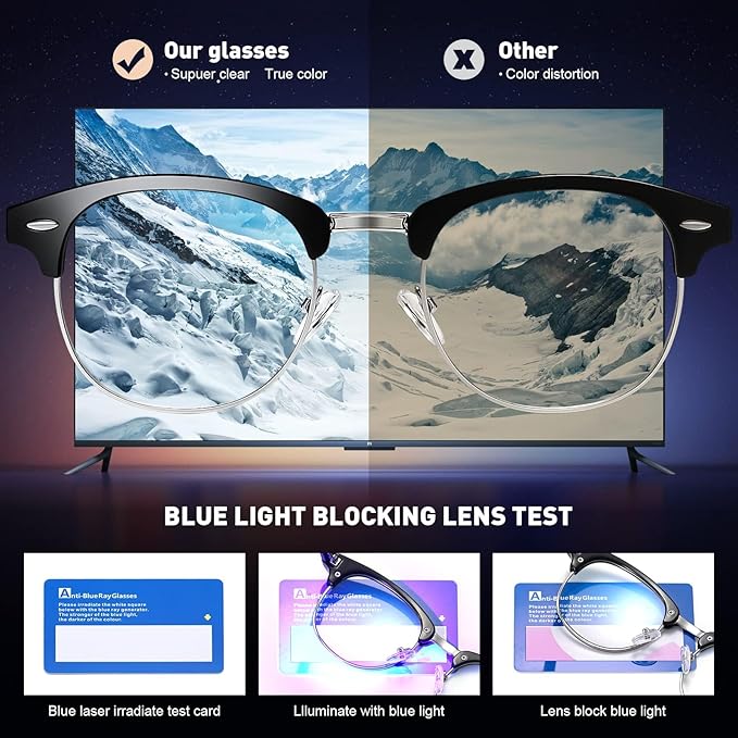 Blue Light Blocking Glasses Vintage Half Frame UV Clear Lens Anti Eyestrain Computer Gaming Glasses for Women Men (E-matte Black Silver+crystal Silver)