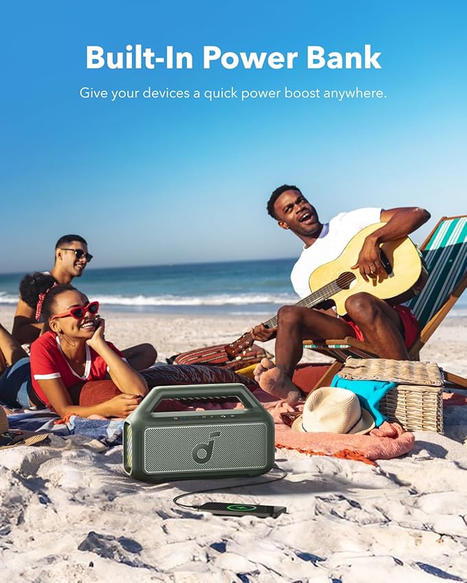 Soundcore Boom 2 By Anker, Outdoor Speaker, 80W, Subwoofer, BassUp 2.0, 24H Playtime, IPX7 Waterproof, Floatable, RGB Lights, USB-C, Custom EQ, Bluetooth 5.3, Portable for Camping and Beach - Green