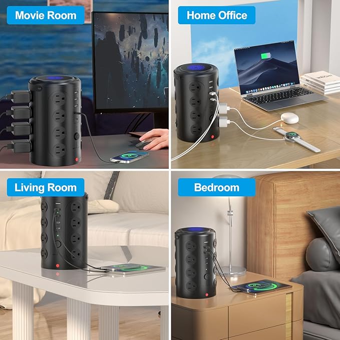 Tower Surge Protector Power Strip (16 AC Outlets + 5 USB Ports Including 2 Type-C), 5FT Extension Cord, 1800J Protector Charging Tower, Essential for Home/Office/Dorm