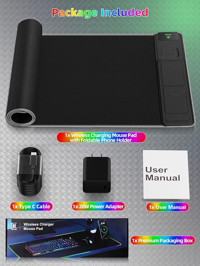Mouse Pad with Adjustable Phone Stand Dual Wireless Charger, 15W Fast Charging Desk Mat, Extra Large 31.5x15.75 Waterproof Desk Pad for iPhone Samsung Air-Pods, Gaming Mousepad w/ 11&4 RGB