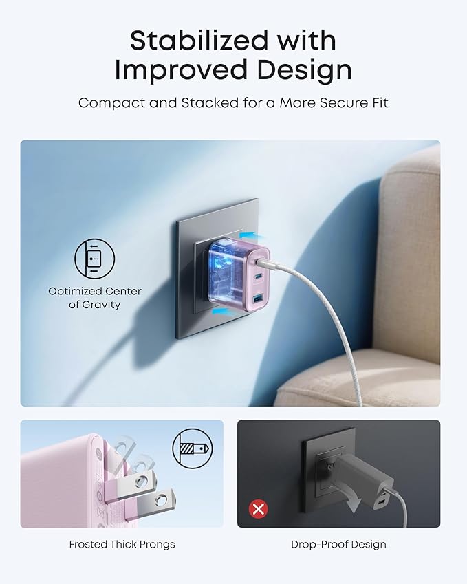 Anker Nano Charger, Ultra-Fast 70W Output 3-Port USB C Charger Block, Fast Charging, Compact and Stylish, for iPhone 17/16 Series, MacBook, iPad, Pixel, Galaxy, and More(Pink, Cable Included)