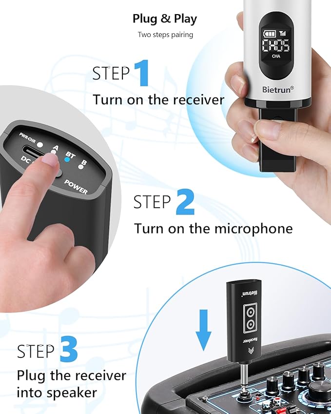 Bietrun Rechargeable Wireless Microphone,Dual Metal Cordless Handheld Dynamic Wireless Mics with Bluetooth, UHF 240FT Range for 1/4'',1/8''Output,PA System,Dj,Mixer,Church(White&Black)