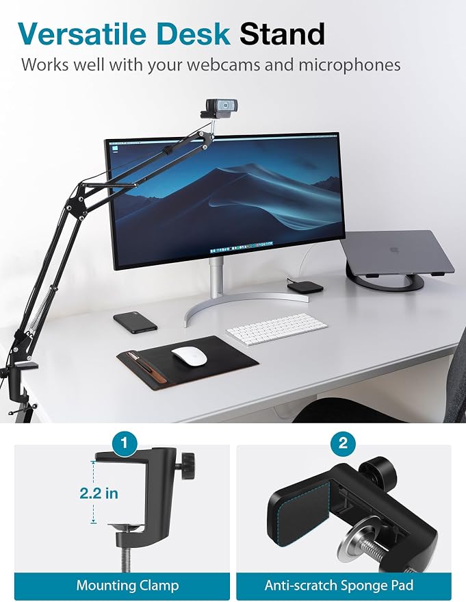 InnoGear Webcam Stand, Boom Arm Mount Stand for Logitech Webcam BRIO 4K C920 C920S C922 C922x C925e C930 NexiGo N60, 1/4"-3/8" and 3/8"-5/8" Screw for Blue Yeti Snowball Yeti Nano and Other Mics - Image 7