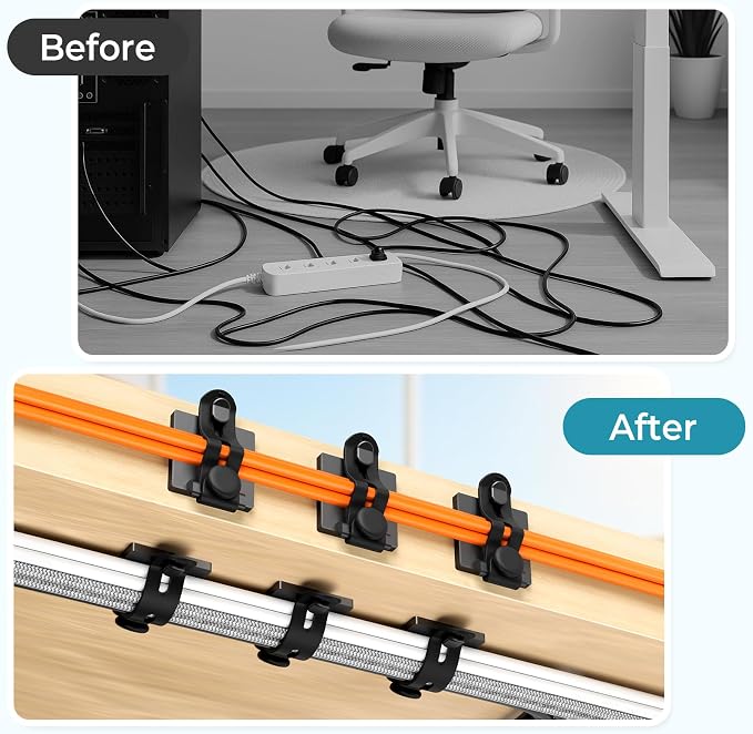 Kanemc Cable Clips Management Kit, 15 Cable Holder With Silicone Cord Ties, 15 Nylon Zip Tie, Extra 15 Screws & 8 Adjustable Cable Straps For Workspace Organizers PV Computer TV Under Desk Wire Setup - Image 8