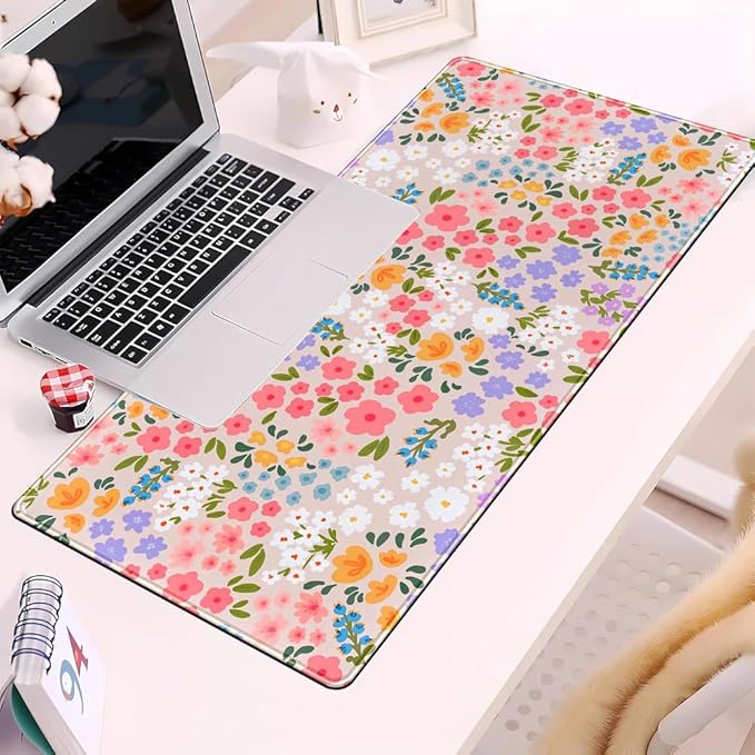 Floral Desk Mat Large Keyboard Pad, Pink Mouse Pad Women Girls Flowers Large Mouse Pad for Desk Pad Computer Floral Pad Desktop Mat for School Office Home 31.5" X 15.7"