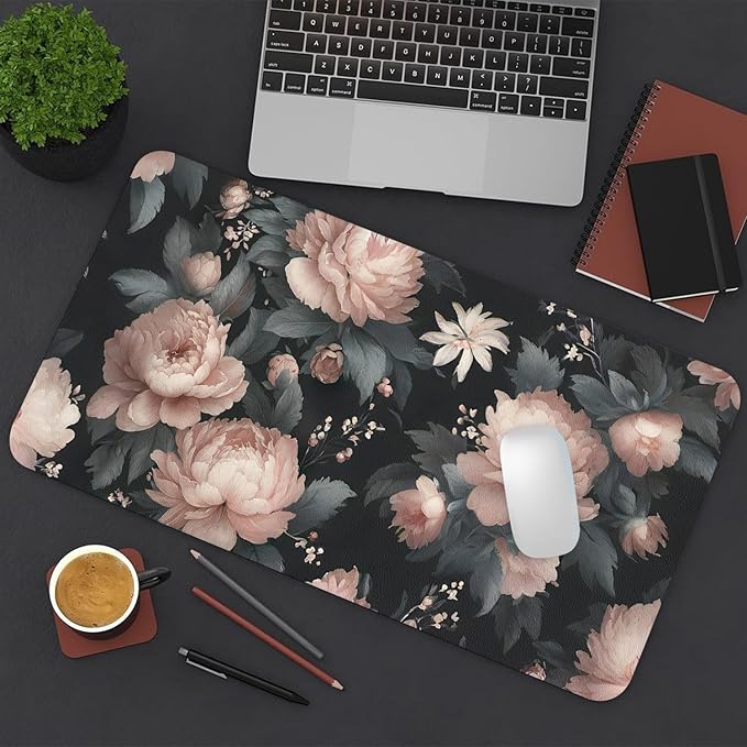 Large Mouse Pad, Black Flowers Desk Mat for Desktop, Women Girls Flowers PU Leather Waterproof Desk Pad, Computer PC Laptop Protector Gaming Mouse Pads for School Office Home 27.5" x 13.8"