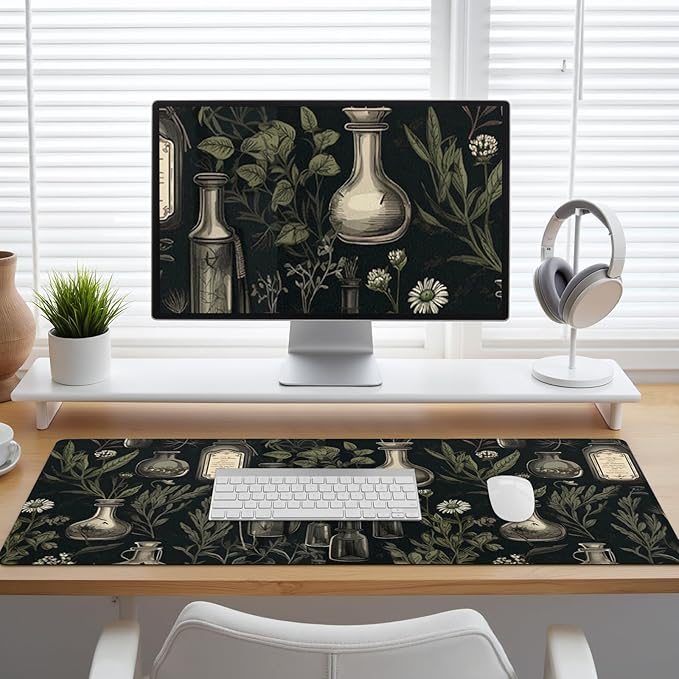 Dark Academia Desk Matt for Desktop, Mouse Pad Mat, Desk Mat for Keyboard and Mouse, Large Mouse Pad for Desk, Anti-Slip Big Mousepad with Stitched Edges, Mouse Mat for Computer, Mystical Green Plant