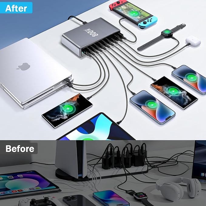 800W USB C Fast Charger Block, Dual PD3.1 140W Multi-Port USB Charging Station, GaN Ⅲ PD PPS Fast Charging Station for Multiple Devices,Laptop Wall Charger Compatible with iPhone 17/iPad/MacBook etc