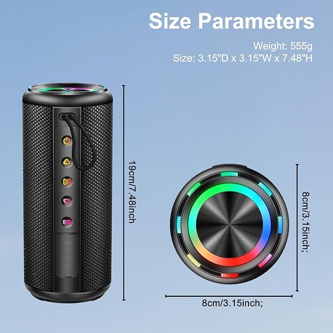Portable Bluetooth Speaker, Bluetooth 5.4 Wireless Speaker with 20W HD Loud Stereo Sound, 15H Playtime, IP7 Waterproof, LED Lights, TWS Pairing, Built-in Mic, for Outdoor, Home, Party, Beach, Gift
