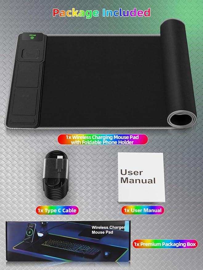 Mouse Pad with Adjustable Phone Stand Dual Wireless Charger, 15W Fast Charging Desk Mat, Extra Large 31.5x15.75 Waterproof Desk Pad for iPhone Samsung Air-Pods, Gaming Mousepad w/ 11&4 RGB