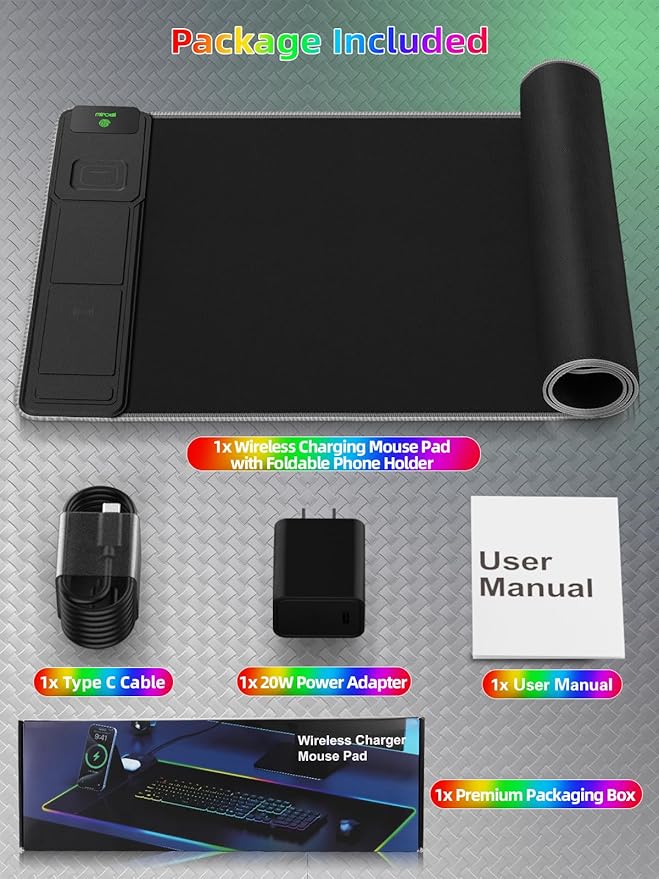 Mouse Pad with Adjustable Phone Stand Dual Wireless Charger, 15W Fast Charging Desk Mat, Extra Large 31.5x15.75 Waterproof Desk Pad for iPhone Samsung Air-Pods, Gaming Mousepad w/ 11&4 RGB