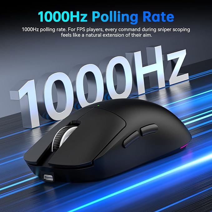 Rechargeable Wireless Gaming Mouse - 10000 DPI Adjustable, 120Hrs Ultra-Long Battery Life, Dual Connection Modes (BT5.2/3.0 and 2.4 Type-C Receiver) Compatible with PC, Mac, Laptop (Black)