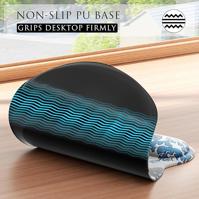 MROCO Ergonomic Mouse Pad with Gel Wrist Rest, Smooth Wrist Support Surface, Non-Slip PU Base for Pain Relief, Comfortable Mousepad for Computer, Laptop, Office & Home, 9.4 x 8.1 in, Great Wave