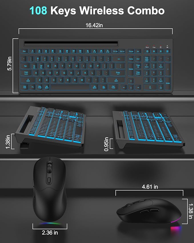 Wireless Keyboard and Mouse Combo, 7 Backlit Effects, Light Up Letters, Rechargeable, Phone Holder, 6 Button Mouse, Ergonomic Tilt Angle, 2.4GHz Silent USB Keyboard Mouse for Laptop, Computer, PC