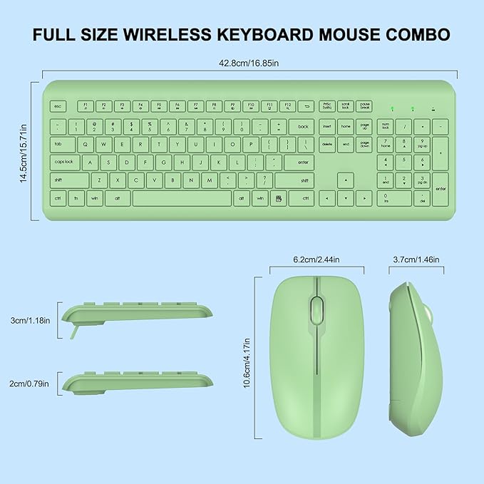 Wireless Keyboard and Mouse Combo, Full-Size Silent Ergonomic Keyboard and Optical Mouse, Long Battery Life, 2.4G Lag-Free Mice Keyboard for Mac, Laptop, PC, Windows(Avocado Green)