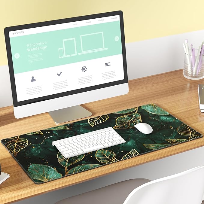 KTRIO Large Gaming Mouse Pad Desk Mat, Superior Micro-Weave Cloth, Non-Slip Rubber Base, Stitched Edges, Water-Resistant, for Gamer, Office & Home, 31.5 x 15.7 Inch,Green Leaves
