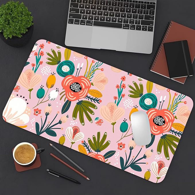 Desk Mat Large Protector Pad 31.5" ×15.7", Non-Slip PU Leather Desk Blotter, Waterproof Mouse Pad for Office Home Pink Floral