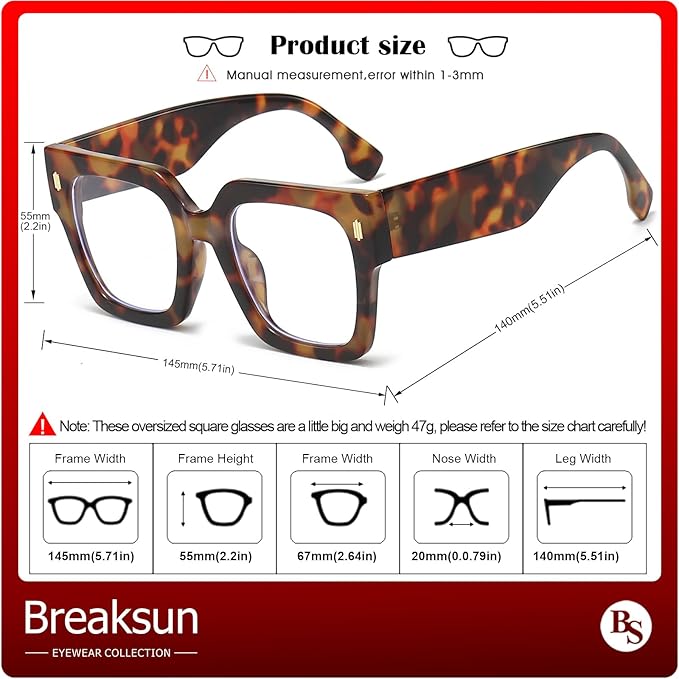 Breaksun Fashion Oversized Blue Light Blocking Glasses for Women Men Trendy Big Square Frame Computer Eyeglasses