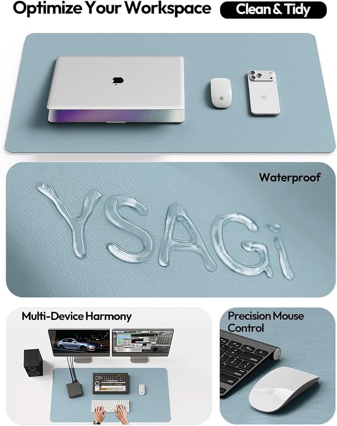 YSAGi Leather Desk Protector, Office Mat, Large Mouse Mat, Non-Slip PU Leather Blotter, Laptop Pad, Waterproof Writing Pad for Office and Home (Ice Blue, 47.2" x 23.6")